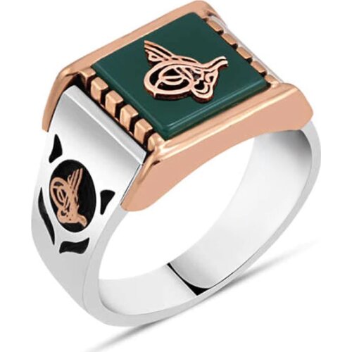 Green Agate Stone Above Monogram Sterling Silver Men 'S Ring