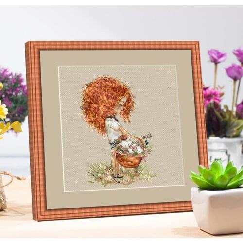 Curly girl with basket cross stitch kit Animal cotton thread 18ct 14ct 11ct linen flaxen canvas stitching embroidery DIY