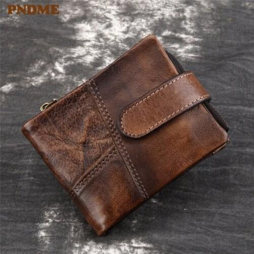 RFID anti-theft genuine leather mens small wallet retro real cowhide stitching ID card holder short hasp coin purse money bag