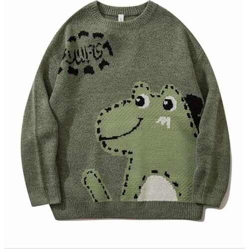 Autumn Hip Hop Dinosaur Printed Knitted Sweater Men Harakuju Streetwear Casual Pullover Tops Vintage O Neck