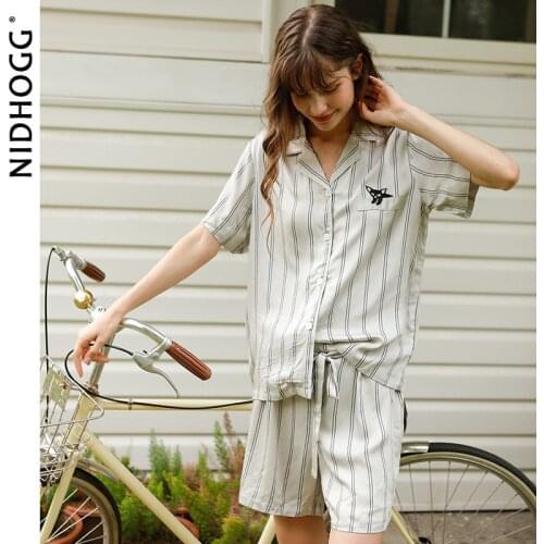 2021 Satin Women Pajamas Casual Embroidery Shirt Sleepwear Short Sleeve Shorts Striped Cat Lounge Wear 2 Piece Set Summer Pijama