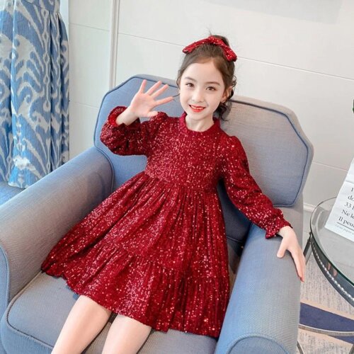 New Fashion Girls Winter Plush Dress Children Kids Sequin Pirness Dresses for Girls Toddler Fall Party Clothes 6 8 10 12 14Years