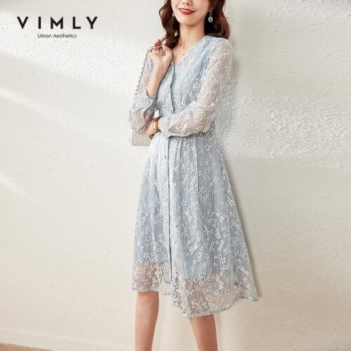 VIMLY Spring Dresses Women Office Lady V Neck Lace Dress Elegant High Waist Single Breasted Maxi Dress Female Vestidos F6715