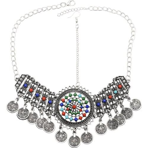 Multicolor Bohemian Ethnic Headdress Hair Accessories Vintage Color Rhinestone Coin Headdress Bracelet Pendant Womens Jewelry