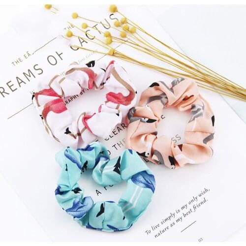 1pc New Fashion Girl Print Flower Flamingos Polka Design Chiffon Fabric Hair Scrunchy Ponytail Holder Hair ties Gum Hair Bands