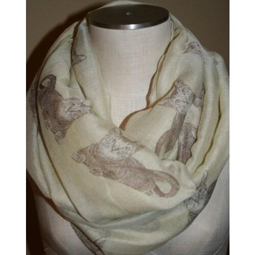 Cat Infinity Scarf-Brown Kitty Cat Print Scarf Chunky Infinity Scarf -Brown Cat on Cream Circle Loop Scarf