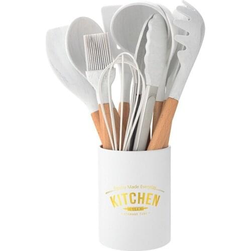 11PCS Silicone Cooking Utensils Set Non-stick Spatula Shovel Wooden Handle Cooking Tools Set With Storage Box Kitchen Tools