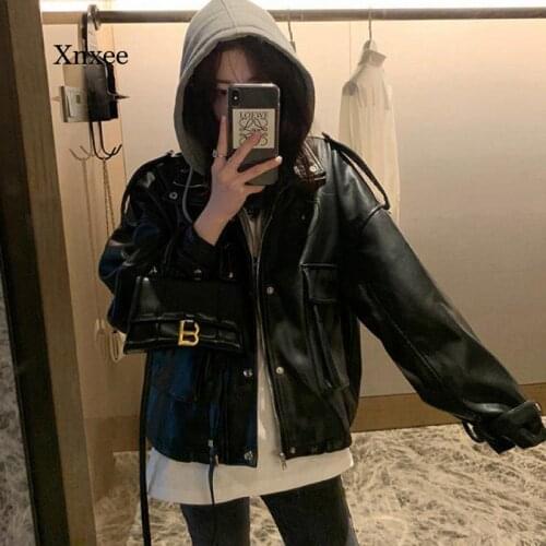 Spring Fall Women Pu Leather Sweatshirt Hoodies Casual Winter Solid Streetwear Vintage Drawstring Pullover Hip Hop Coat Top