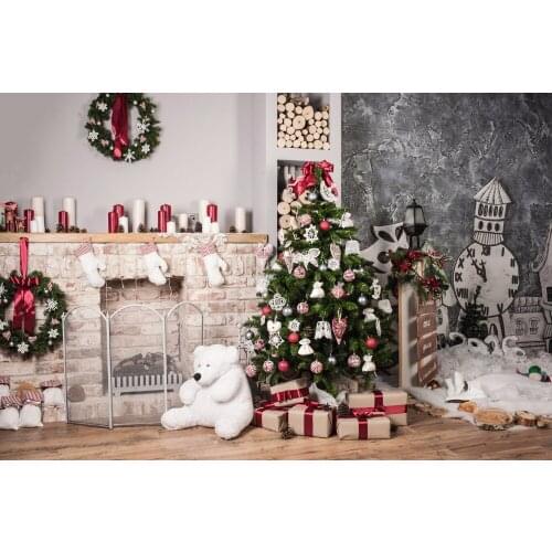VinylBDS Photography Backdrops For Christmas Wood Floor Brick Stove Cute Bear Photo Studio Background For Children