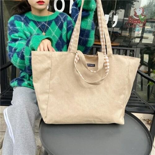 Large Capacity Plaid Canvas Bag for Women Female Tote Ladies Casual Big Double Sided Shoulder Bag Vintage Student Travel Handbag