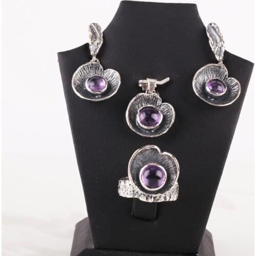 UM US JEWELRY Amethyst Cubic Zirconia 925 Sterling Silver Triple Set