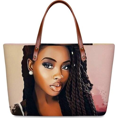 HYCOOL Art African Black Girl Pearl Earrings Pattern Women Tote Bags Female Stylish Casual Beach Bag Girls Zip Closure Hand Bag