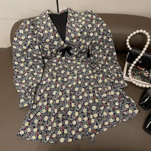 Women 2021 fashion new long-sleeved V-neck bow silk dress with small daisy 0317