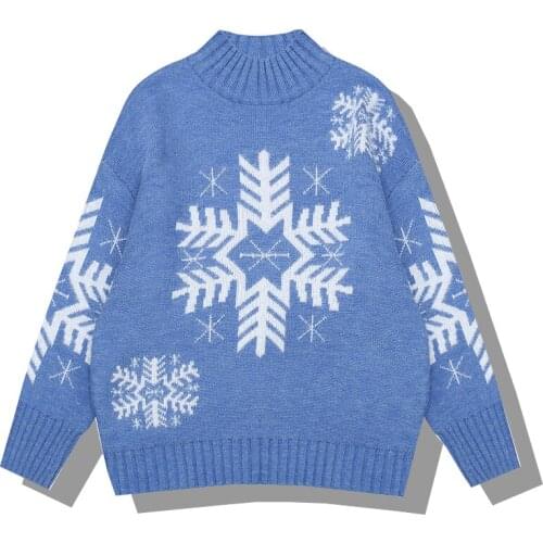 PERHAPS U Women Long Sweater Knitted Pullovers Long Sleeve Blue Pink Red Loose Winter Snowflake Christmas Style M0105