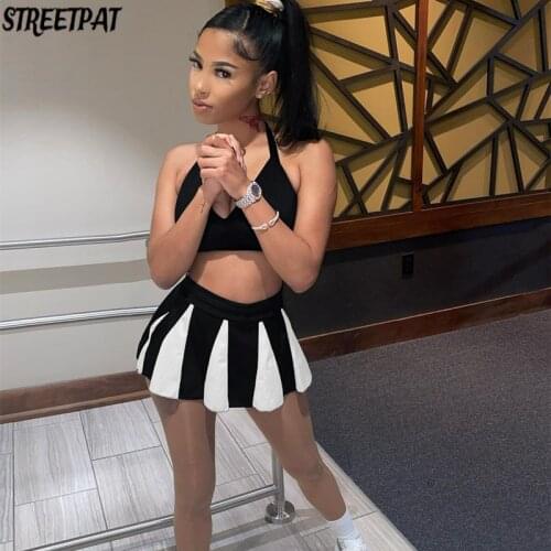 Streetwear Sexy 2 Two Piece Sets Women Outfits Summer Halter Crop Top Patchwork Mini Skirt Female Sleeveless Beach Dress Sets