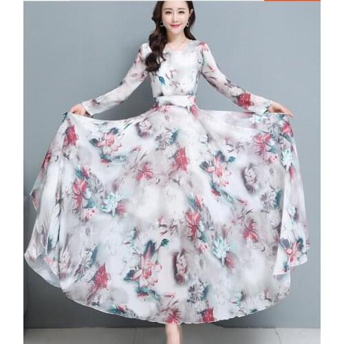 2021 Spring Autumn New Arrival Hot Sale Round Collar Flower Printed Collect Waist Women Long Chiffon Dress Plus Size S-3XL