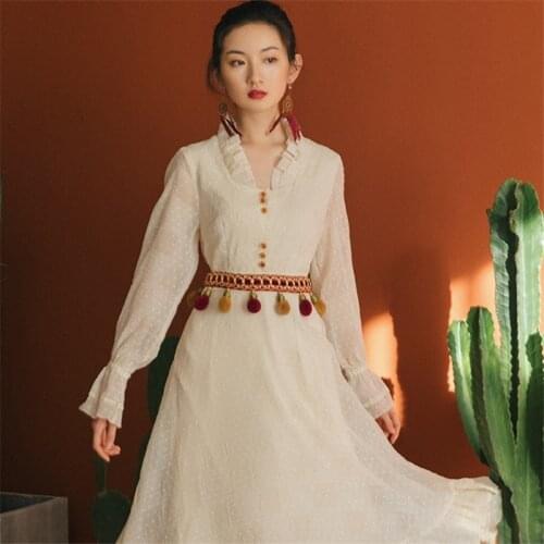 Spring Autumn Womens Clothing 2021 New Design Sense Palace Style V-Neck French Retro Dress Lace Fringed Belt Polka Dot Dress