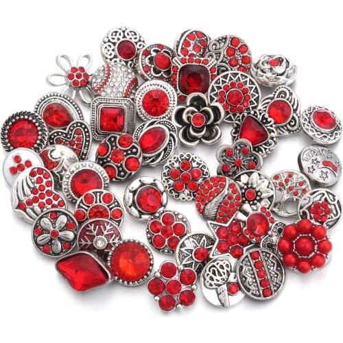 10pcs/lot Wholesale Snap Jewelry 12mm Snap Buttons Red Rhinestone Metal Flower Mini Snaps Buttons for Snap Bracelet Bangle