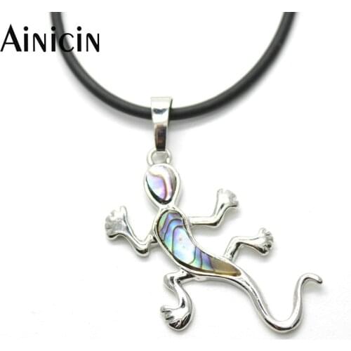 10pcs New Arrival Rainbow Color Abalone Shell Gecko Shape Pendant with 18'' Rubber Chain Necklace For Children Gift