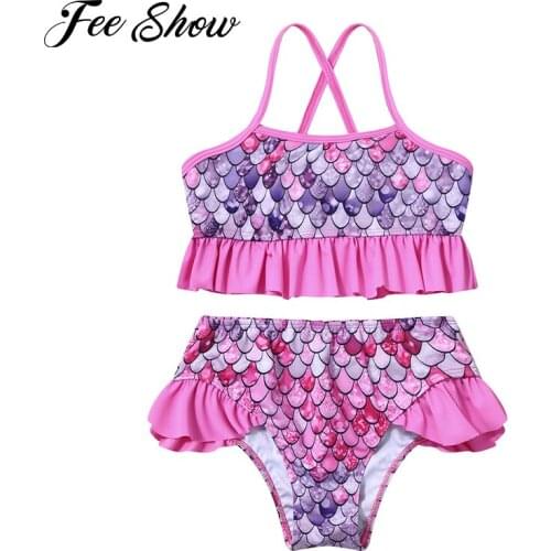 2Pcs Kids Girls Mermaid Swimming Suits Swimwear Fish Scales Print Ruffle Trim Tops and Briefs Bikini Set Beachwear Bathing Suit