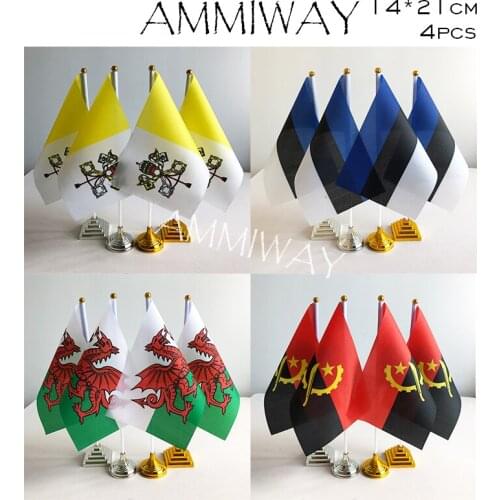 AMMIWAY 14x21cm 4pcs Vatican Estonia Table Flags Wales Welsh Angola Angolan World Country Desk Flag with Plastic Base Stand
