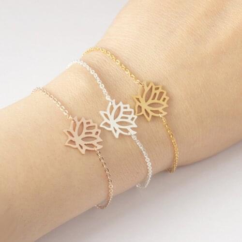 Stainless Steel Gold Charm Healing Lucky Lotus Flower Bracelets For Women Boho Jewellery Delicate Chain Yoga Bracelet Mom Gifts