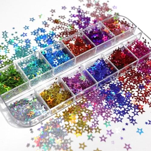 Holographic Nails Glitter Laser Hollow Stars Shape Flakes 3D Colourful Sparkly Sequins Polish Manicure Nail Art Accessories
