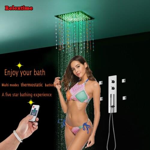 Crystal Decoration Ceiling Misty Shower Head Wall Mounted Rain Shower Set LED Hand Control Valve Shower Faucet Tap Massage Jets