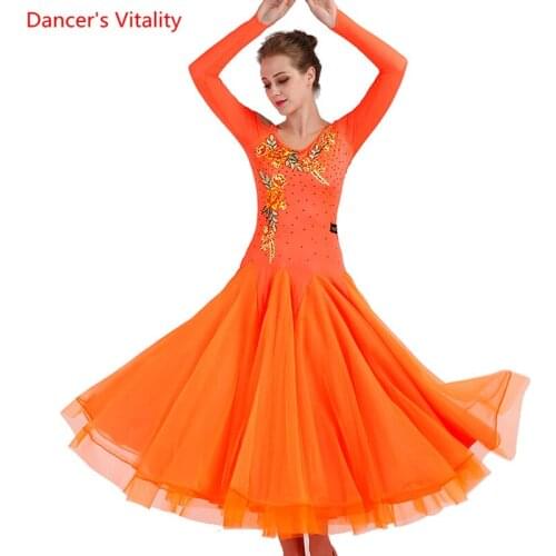 Custom made Womens Waltz Tango Flamenco Womens Ballroom Standard Dance Dresses Long-sleeved Dance Skirts