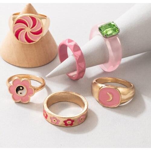 Fashion Cute Enamel Flower Yinyang Taihi Rings Set Gold Crystal Rings for Women Sweet Party Jewelry Gifts