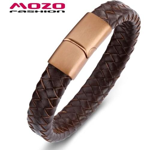 MOZO FASHION Rock Men Bracelet Bronze Leather Rope Bracelet Stainless Steel Magnetic Clasps Bracelet High quality Jewelry PS2108