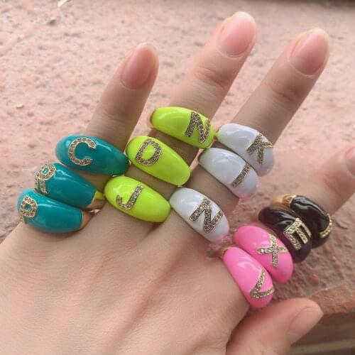 Neon White Enamel CZ Paved Initials 26 Alphabet Diy Name Ring For Women Fashion Jewelry Engagement Band CZ Letter Finger Ring