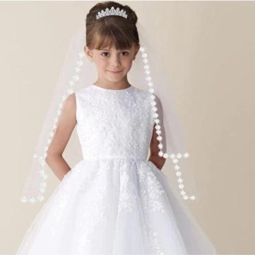New White Ivory Kids Girls First communion Veils Tulle with comb Applique edge Wedding Flower Girl veil Voile Mariage Fille