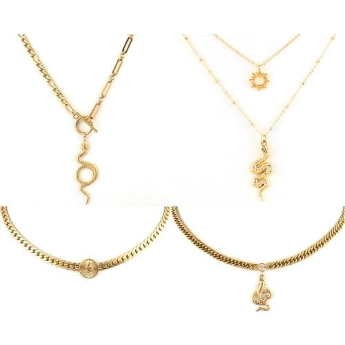 Punk Women Stainless Steel Necklace Snake Necklace Long Pendant Necklace For Women Snake Necklaces Double Layer Necklace Jewelry