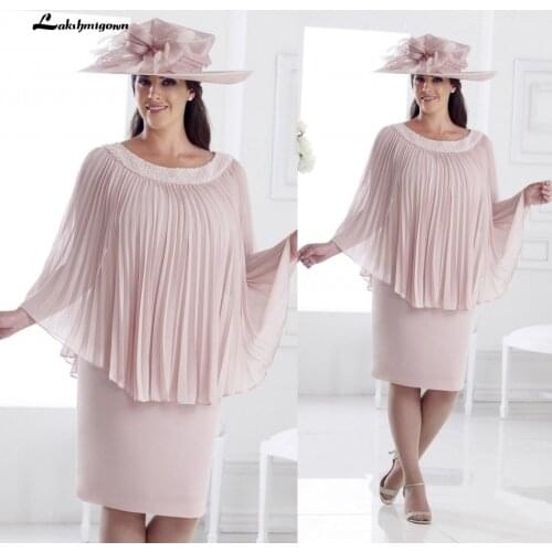 Chic Pink Mother Of The Bride Dresses Jewel Neck Beaded Knee Length Wedding Guest Dress Plus Size Formal Evening Gown
