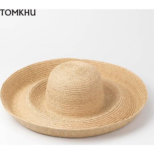Fashion Retro Roll-edge Raffia Straw Hat For Women Cloche Wide Brim Sun Hat Top Hat Catwalk Fashion Beach Hat Derbies Femme Cape