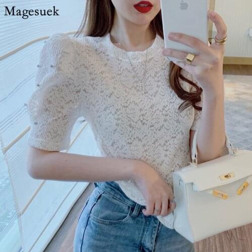 Crochet Lace Puff Sleeve White Women Blouses Summer Korean O Neck Vintage Slim Woman Shirt See Through Fashion Tops Girl 13944