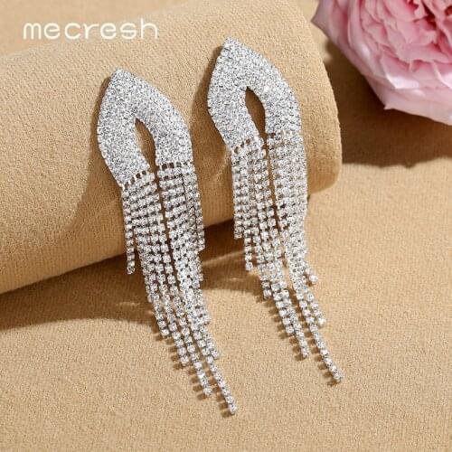 Mecresh Statement Rhinestone Long Tassel Drop Earrings Silver Color Bridal Wedding Irregular Fringe Earrings for Women MEH1637