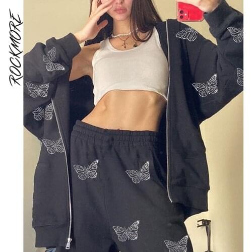 Rockmore Cross Print Hoodies Sweatshirts Women Oversized Zip Up Hooded Jacket Plus Size Sweatshirt Long Sleeve Streetwear Autumn