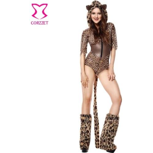Corzet Brown Leopard Zipper Hooded Jumpsuit Burlesque Halloween Costume for Women Cosapaly Carnival Fantasias Costume