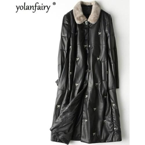 YOLANFAIRY Geniune Leather Down Coat Women Korean Fashion Sheepskin Leather Mink Fur Collar Jacket HQ19-YFG810B YY331