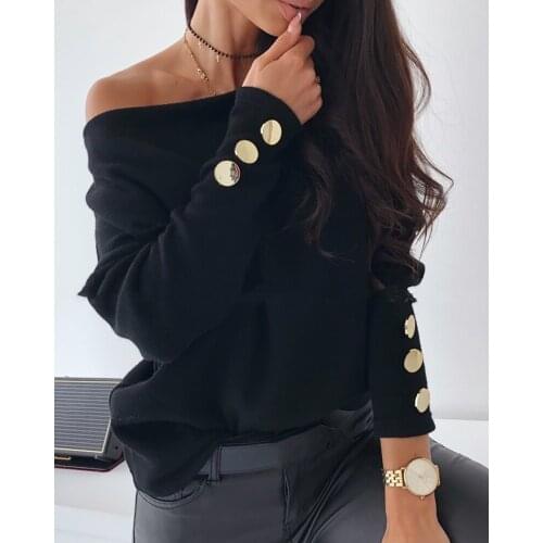 Women Sweater Knitted Female Long Sleeve Slash Neck Sweater Button Design Plain Long Sleeve Sweater