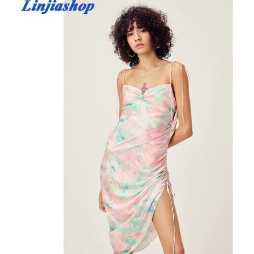 Tie-dye print sling sexy dress romantic women backless sleeveless side drawstring Asymmetric dress satin chiffon summer dress