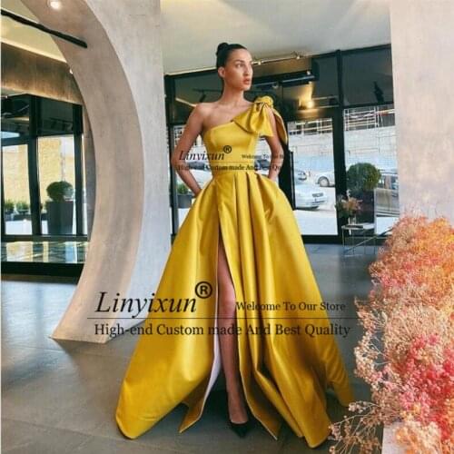 Gold One Shoulder Prom Dresses Long 2021 High Split Evening Dress Party Gowns With Pocket vestidos de fiesta de noche