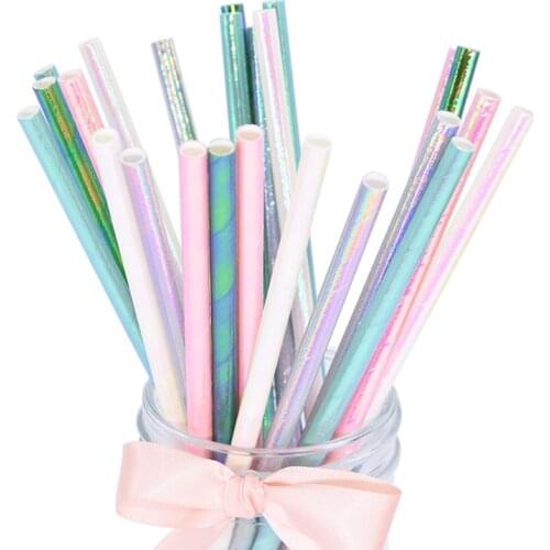 25Pcs Rainbow Iridescent Paper Straws for Baby Shower Wedding Birthday Party Decoration Supplies Mix Paper Drinking Straws