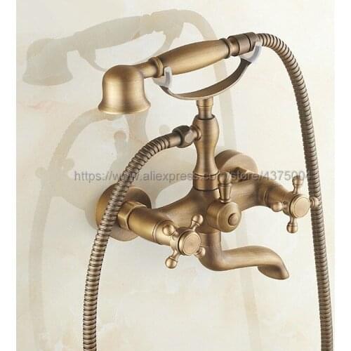 Antique Brass Dual Cross Handles Wall Mounted Bathroom Tub Faucet with Hand Held Shower Sprayer Ntf151