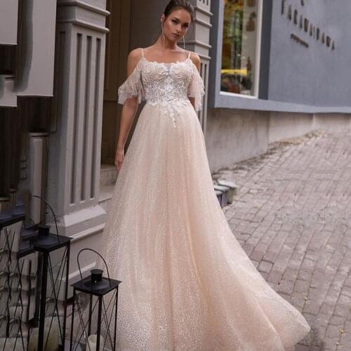 Glitter Fairy Champagne Wedding Dresses Lace Bohemian Wedding Gowns 3D Flowers A Line Vintage Boho Bride Dress 2021 Custom Made