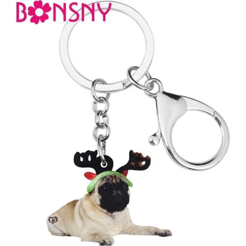 Bonsny Acrylic Christmas Antlers Pug Dog Key chains Animal Jewelry Ring Bag Car Purse Decorations Keychains For Women Girl Gift