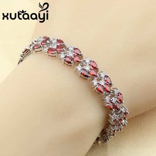XUTAAYI Made in China Red Stones Cubic Zirconia Silver colorcolor Color , Adjustable Chain-Link Bracelet Women Fashion Health