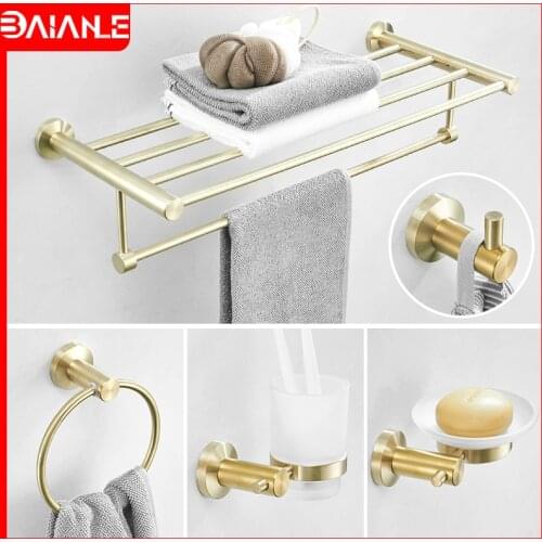 Bathroom Stainless Steel Towel Holder Towel Bar Sets Brushed Gold Towel Rack Coat Hook Soap Dish Toilet Paper Holder with Shelf
